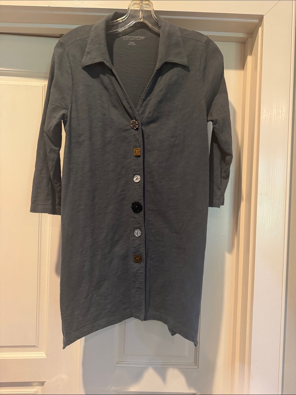 Soft Surroundings Slate Gray Button-Front Long Tunic with Mixed Buttons